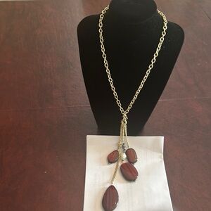 Chico's Gold and Brown Lariat Necklace with Teardrop Pendants